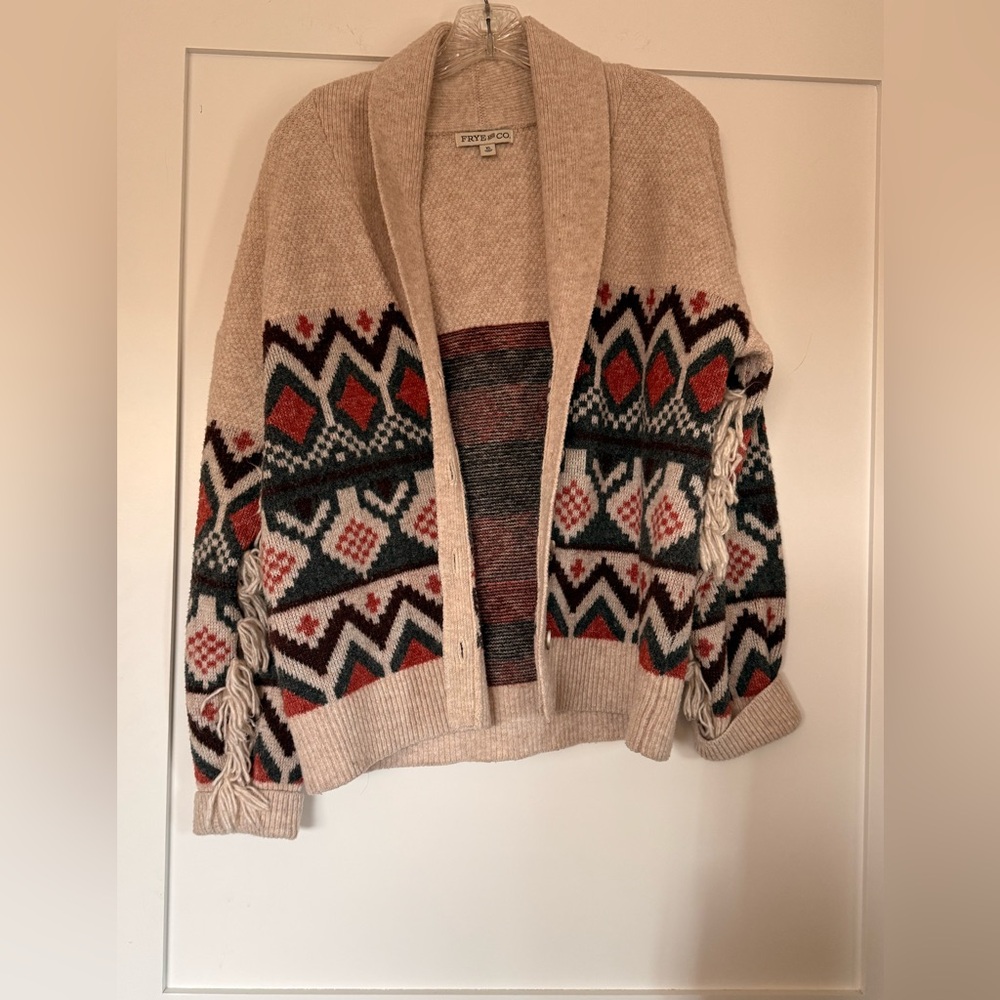 Frye Beige Fair Isle /Tribal Fringe Open-Front Cardigan w/ Rust and Teal Accents